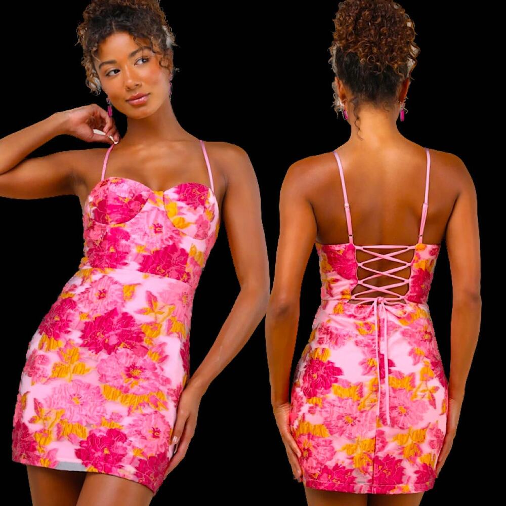 Lulus Pink Jacquard Lace-Up Bustier Flirtatious Composure  Mini Dress Size M